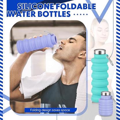 Baderke 2 Pcs Collapsible Water Bottles 17oz Silicone Travel Foldable Portable Water Bottle with Buckle Silicone Lightweight Reusable Leakproof for Camping Hiking Cycling Sport(Green, Purple)