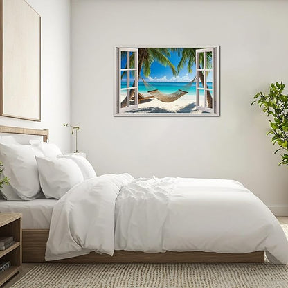 ANRUOXI Beach Wall Art, Blue Ocean Canvas Wall Decor, Beach Theme Window Frame Style Prints Blue Sea Painting, White Window Frame Style Seaside Nature Coastal Framed Artwork for Bathroom 32x48 Inch