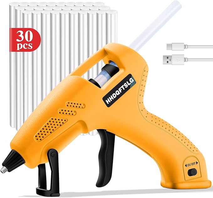 Cordless Hot Glue Gun, 20W Glue Gun with 30 Glue Sticks, 90S Fast Preheating, 2600mAh USB-C Rechargeable Hot Melt Gun for DIY Crafts, Gift Making, Home Repairs & Decoration, Gift Making (Yellow)
