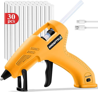 Cordless Hot Glue Gun, 20W Glue Gun with 30 Glue Sticks, 90S Fast Preheating, 2600mAh USB-C Rechargeable Hot Melt Gun for DIY Crafts, Gift Making, Home Repairs & Decoration, Gift Making (Yellow)