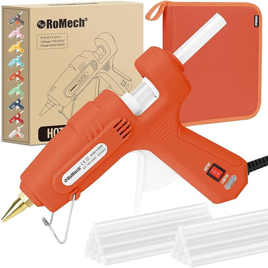 ROMECH Full Size Hot Glue Gun with 60/100W Dual Power and 21 Hot Glue Sticks (7/16"), Fast Preheating Heavy Duty Industrial Gluegun with Storage Case for Crafting, DIY and Repairs (Orange)