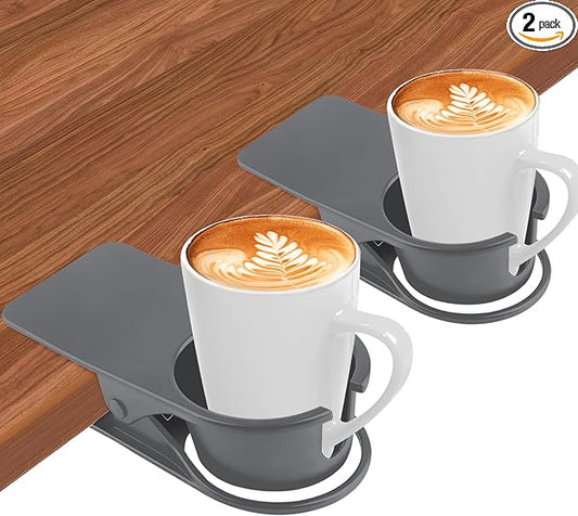 Kalolary 2PCS New Drinking Cup Holder Clip with Groove Table Bottle Cup Stand DIY Glass Cup Clamp Storage Saucer Clip Water Coffee Mug Holder Saucer Clip for Home Desk, Grey