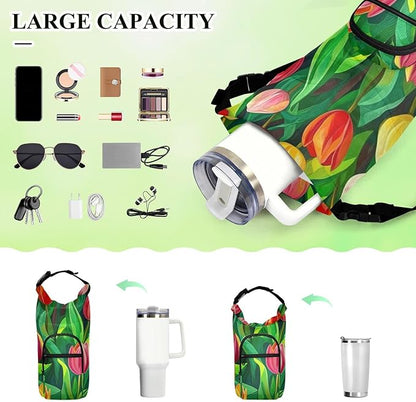 Colorful Tulips Water Bottle Holder with Strap Insulated Water Bottle Carrier Crossbody Bags Pouch with Phone Pocket for Travel Gym Hiking Walking Running