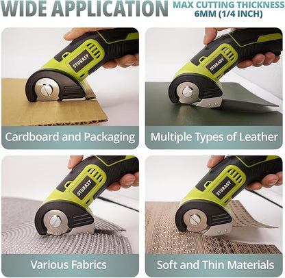 Cordless Electric Scissors, Power Cardboard Cutter with Safety Lock, 4V 2000mAh Electric Box Cutter for Cardboard, Fabric, Carpet, Leather, Paper, Plastic, Packages, Green Rotary Cutter