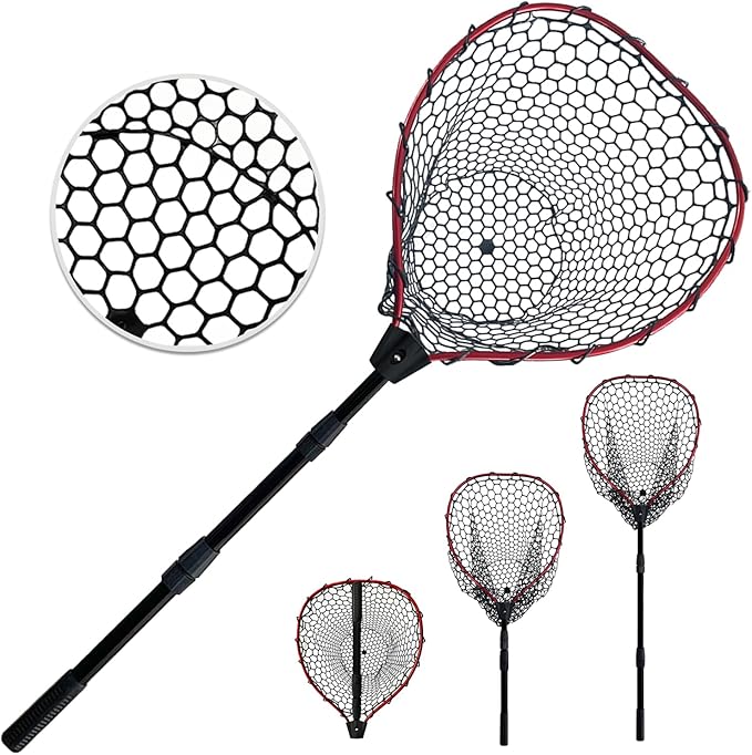 Telescoping Metal Lock Fishing Net with Handle Red Green 64" 52" 3-Section Rubber Fish Net - Adjustable Length Lightweight Foldable Large Big Collapsible Extendable Fishing Net