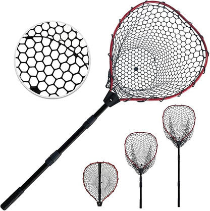 Telescoping Metal Lock Fishing Net with Handle Red Green 64" 52" 3-Section Rubber Fish Net - Adjustable Length Lightweight Foldable Large Big Collapsible Extendable Fishing Net