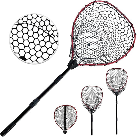 Telescoping Metal Lock Fishing Net with Handle Red Green 64" 52" 3-Section Rubber Fish Net - Adjustable Length Lightweight Foldable Large Big Collapsible Extendable Fishing Net
