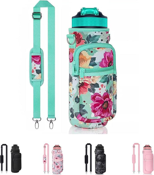 Insulated Water Bottle Holder Sling Bag with Phone Pocket, Adjustable Crossbody Strap for Walking, Hiking, Camping, Fishing
