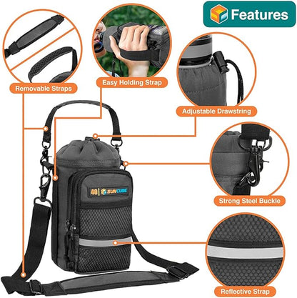 SUN CUBE Water Bottle Carrier with Strap, Insulated Water Bottle Carrier Bag with Phone Pocket Pouch, Sleeve Sling Purse Crossbody Bottle Holder for Walking, Sports, Hiking Accessories 40/64 oz