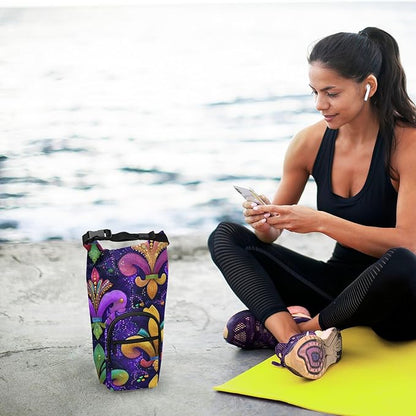Pik Purple Mardi Gras Pattern Water Bottle Holder with Strap Insulated Water Bottle Carrier Crossbody Bags Pouch with Phone Pocket for Travel Gym Hiking Walking Running