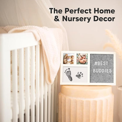 Baby Hand & Footprint Kit with Felt Letterboard, Inkless Ink Pad - Personalized New Mom Gifts for Baby Announcement, Cute Nursery Newborn Picture Frame,Ideal Dog Nose & Paw Print Kit(Alpine White)