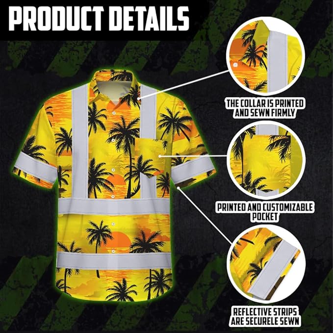 High Visibility Hawaiian Shirt for Men Tropical Shirts Custom Name Floral Outfit Reflective Safety Workwear
