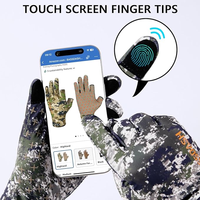 BASSDASH Men’s Camo Hunting Gloves UPF 50+ Lightweight Touchscreen Gloves for Warm Weather Fishing Hiking Outdoor Activities