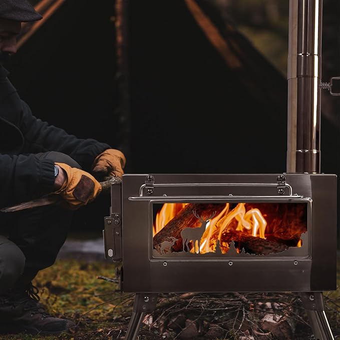 Outdoor Wood Burning Stove, Portable with Chimney Pipe for Cooking, Camping, Tent, Hiking, Fishing, Backpacking