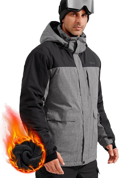 FREE SOLDIER Men's Waterproof Ski Jacket Fleece Lined Warm Winter Snow Coat with Hood Fully Taped Seams