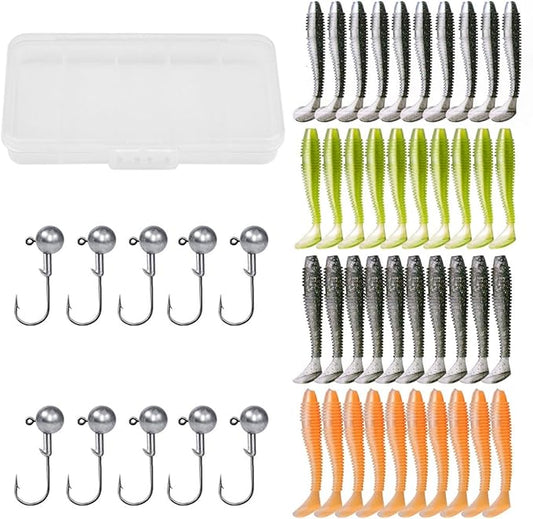 Paddle Tail Swimbaits Lures, 40 Pcs 2.36 Inch Soft Plastic Fishing Lures and 10 Pcs Fishhooks with Box, Bass Fishing Lure Swim Baits with 4 Color, for Trout, Crappie, Bass, Freshwater, Saltwater