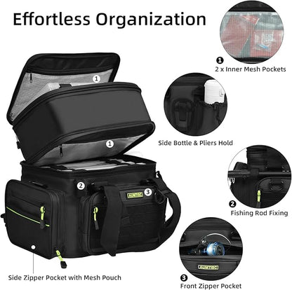 AUMTISC Fishing Tackle Bags for 3500/3600 Trays, Expandable Tackle Box Organizer Gear Storage Bag, with Rod Holders, Detachable Shoulder Strap, Freshwater or Saltwater Fishing Accessories Bags