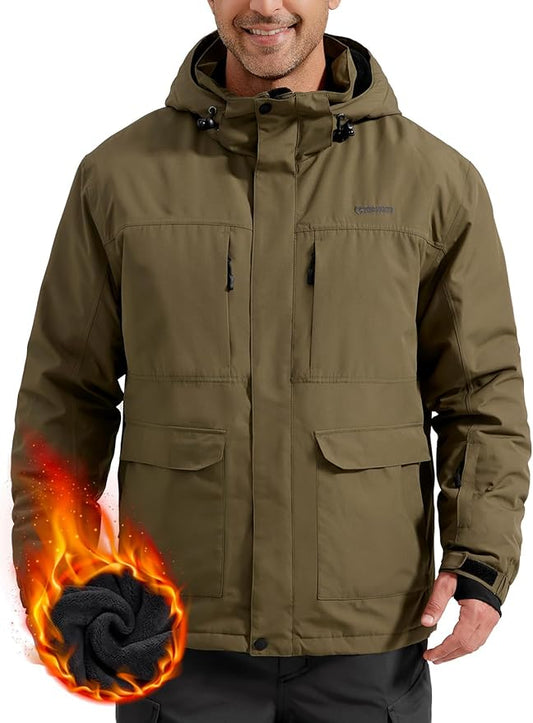 FREE SOLDIER Men's Waterproof Ski Jacket Fleece Lined Warm Winter Snow Coat with Hood Fully Taped Seams