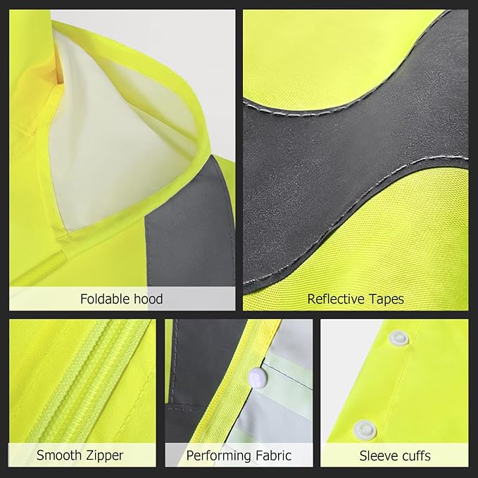 High Visibility Rain Coat, High Vis Rain Suit for Men, Waterproof Rain Jacket with Hood, Class 3 Lightweight Hi Vis Rain Gear for Outdoor Activities& Safety Work, Men Women, Yellow T, S-M