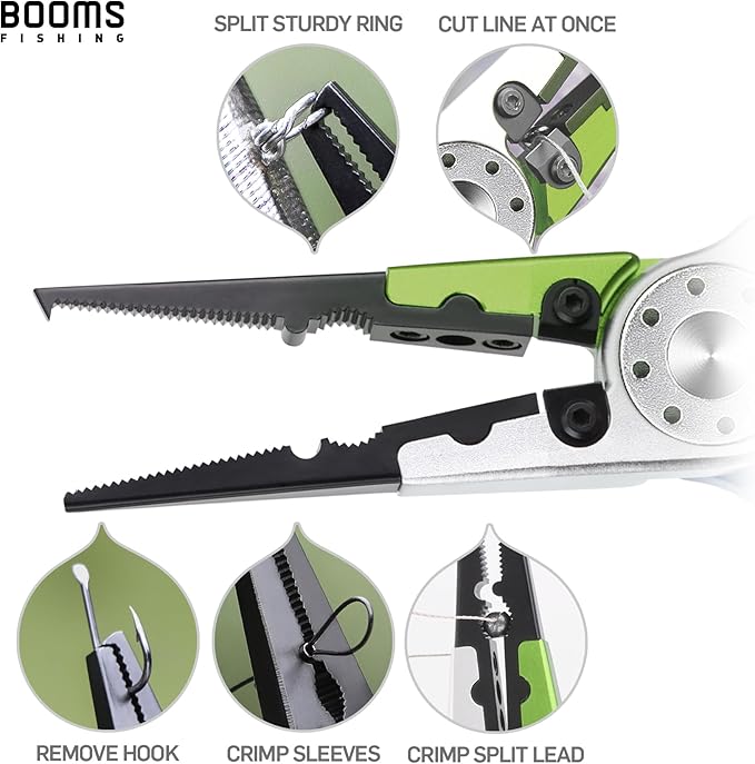 Booms Fishing X1 Aluminum Fishing Pliers Saltwater, Surf Fishing Tackle Kit, Fishing Multitool Hook Remover Braided Fishing Line Cutting and Split Ring with Coiled Lanyard and Sheath