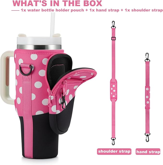 Water Bottle Carrier Bag with Phone Pocket for Stanley 40 & 30 oz Tumbler with Handle,Pink Insulated Neoprene Cup Holder Pouch w/Adjustable Strap for Quencher H2.0 Stanley Cup Accessories