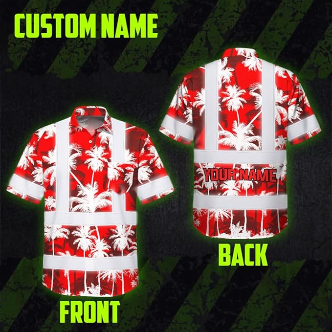 High Visibility Hawaiian Shirt for Men Tropical Shirts Custom Name Floral Outfit Reflective Safety Workwear