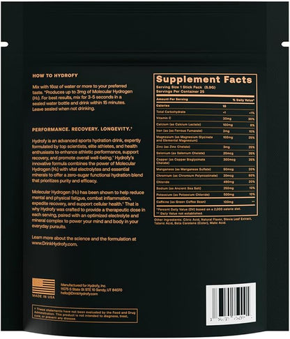 Hydrofy Hydrogen Water + Electrolytes Drink Mix | H2 Hydration Packets with Molecular Hydrogen, Sodium, Potassium, Magnesium, Calcium, and Minerals | No Sugar | Orange + Caffeine 25 ct