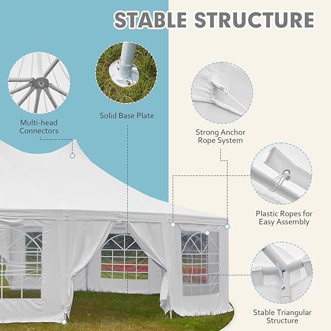 EROMMY 29x23ft Party Tent, White Wedding Tent, Dodecagonal Heavy Duty Canopy with Removable Sidewalls, 10 Church Windows and 2 Pull-Back Doors, Outdoor Gazebo Pavilion Shelter Tent for Party, Event