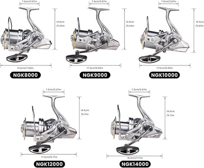 HAUT TON Spinning Reel 8000/9000/10000/12000/14000,6+1BB Metal Surf Fishing Reels,4.8:1 Gear Ratio 55lbs Drag Heavy Long Casting Inshore Saltwater Monster Fish