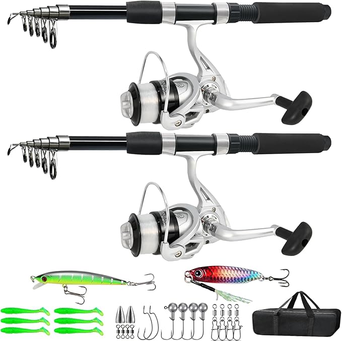 Fishing Pole Combo, 6.9ft 2Pcs Telescopic Rods Set, Collapsible Carbon Fiber Fishing Rods, 2PCS Spinning Reel Set with Carrier Bag Freshwater Fishing Rod and Reel Combos Kits