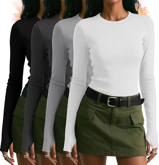 Neer 4 Pack Women's Fleece Thermal Long Sleeve Shirts, Thumb Holes Crew Neck Slim Fit Tops Warm Workout Basic Undershirt