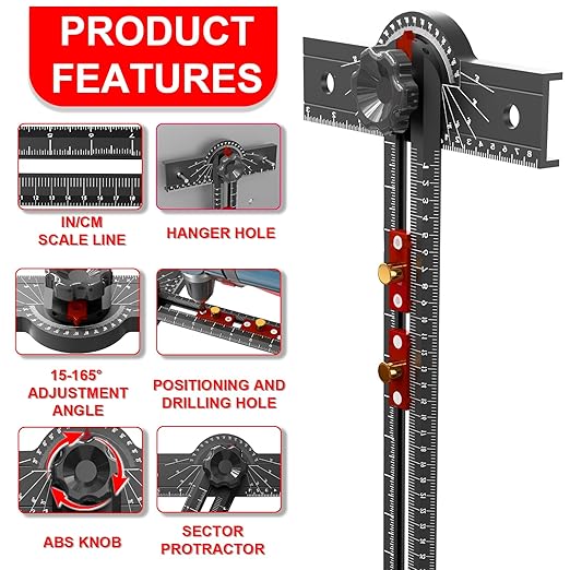 29 Inch Woodworking T Square Ruler, Aluminum Alloy, Adjustable Angle 15-165° Measurement Tool, Precision Drilling Positioning Guide for Carpentry, Drafting, Contractor, Scribe Crafting, Drywall