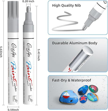 Silver Permanent Paint Markers, 2 Pack Opaque Metallic Paint Marker Pens for Art Projects, Rock Painting, Drawing, Wood, Glass, Ceramic, Plastic, Canvas, Mugs DIY Crafts (Silver,2 Pack)