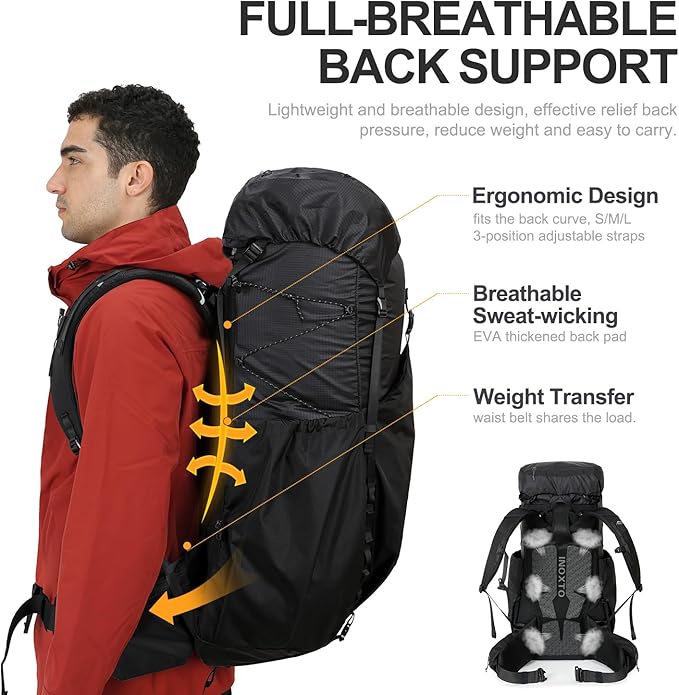 55L Internal Frame Waterproof Hiking Camping Backpack with 3L Water Bladder and Rain Cover, Large Lightweight Travel Daypack Rucksack for Climbing (8120 Black)