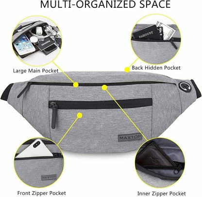 MAXTOP Large Crossbody Fanny Pack with 4-Zipper Pockets,Gifts for Enjoy Sports Festival Workout Traveling Running Casual Hands-Free Wallets Waist Pack Phone Bag Carrying All Phones