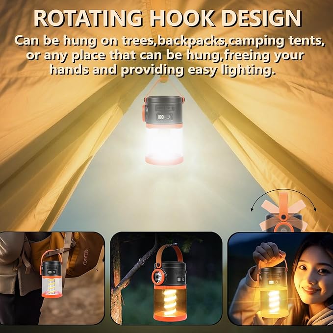 Portable LED Camping Lantern with Flashlight - COB Solar USB Battery Powered for Power Outages,Emergency Survival Light,Hurricane Preparedness Gear for Home Outdoor-Camping(Orange 2PACK)