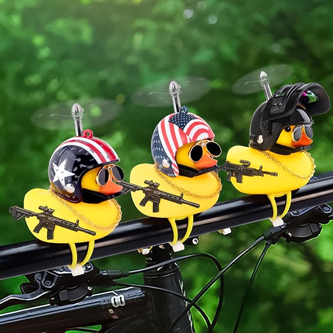 wonuu Rubber Duck Bike Bell, Squeeze Ducks with Helmet for Cycling Car Dashboard Decorations Motorcycle Bicycle Accessories