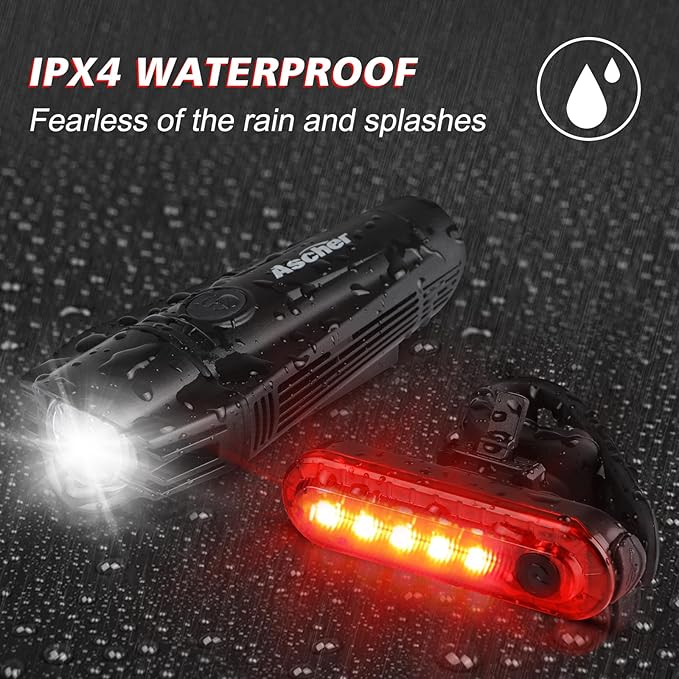Ascher Ultra Bright USB Rechargeable Bike Light Set, Powerful Bicycle Front Headlight and Back Taillight, 4 Light Modes, Easy to Install for Men Women Kids Road Mountain Cycling Black