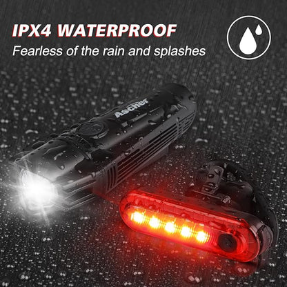 Ascher Ultra Bright USB Rechargeable Bike Light Set, Powerful Bicycle Front Headlight and Back Taillight, 4 Light Modes, Easy to Install for Men Women Kids Road Mountain Cycling Black