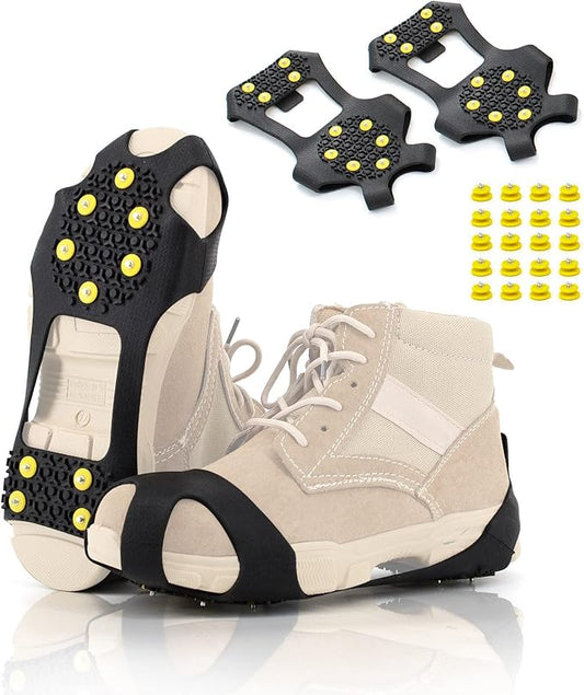 Ice Cleats Snow Grips, Non-Slip Traction Crampons 10 Steel Studs with Extra 20 Replacement Studs, for Shoes/Boots, Snow Ice Walking