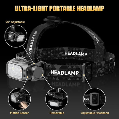 Rechargeable LED Headlamp 3 Pack, High Lumen Super Bright Head Lamp with Red Light, Motion Sensor, 5 Modes, 90° Adjustable, Waterproof Lightweight Headlamps for Adult Running, Camping, Hiking