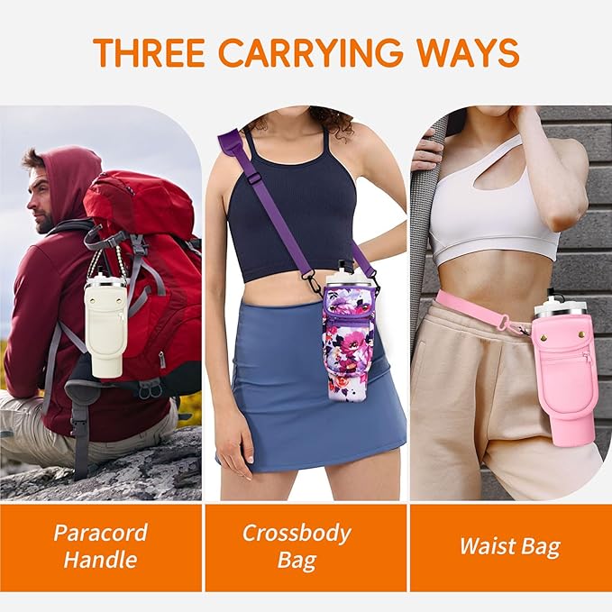 Water Bottle Carrier Bag with Phone Pocket for Stanley 40/30 oz Tumbler Neoprene Insulated Mug Sleeve Pouch with 2 Pockets & Adjustable Strap & Straw Cover for Stanley Cup Accessories