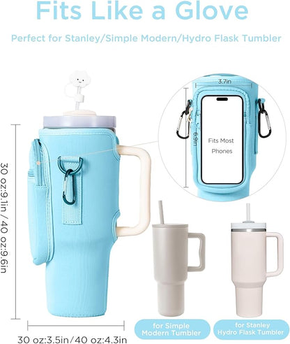 dabria Water Bottle Carrier Bag with Phone Pocket for Stanley 40/30 oz Tumbler Neoprene Water Bottle Holder Pouch with Adjustable Strap Bollus with Straw Cover & Carabiner for Stanley Cup Accessories