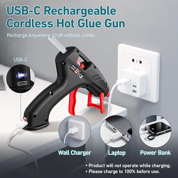 Cordless Hot Glue Gun, 20W Hot Glue Gun with 30PCS Premium Glue Sticks & 1m USB-C Cable, 2000mAh Built-in Battery Suitable for School Craft, Home Repair, DIY (Black-2000mAh)