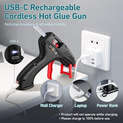 Cordless Hot Glue Gun, 20W Hot Glue Gun with 30PCS Premium Glue Sticks & 1m USB-C Cable, 2000mAh Built-in Battery Suitable for School Craft, Home Repair, DIY (Black-2000mAh)