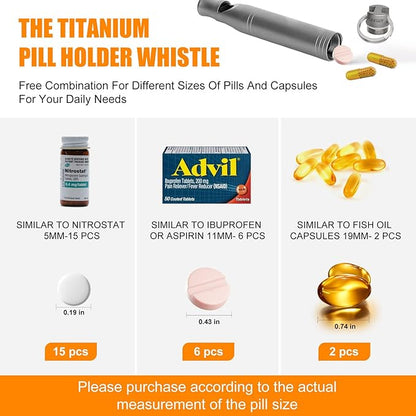 Titanium Emergency Whistle with Hidden Pill Holder Case, Portable Waterproof Fob Medicines Organizer 120db+ Survival Whistles Keychain Container for Outdoors, Camping, Travel EDC Accessories