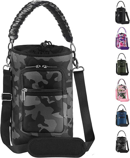 32/40/64/128 oz Neoprene Insulated Water Bottle Carrier Bag, Sling Bag Sleeve Pouch Holder with Strap & Paracord Handle and 2 Pocket for Travelling, Hiking, Camping