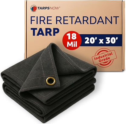 TarpsNow® Fire Retardant Tarp - 20' x 30' - 18 MIL Heavy Duty Canvas Tarp - Flame & Tear Resistant w/Brass Grommets - Best for Safety, Outdoors, Camping, Boating, Welding, Woodpile, House, Fire Pit