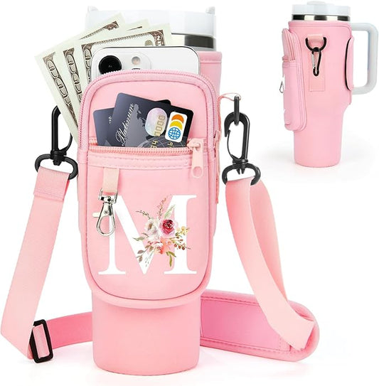 Initial Water Bottle Holder with Strap for Stanley 40 oz Tumbler/Simple Modern 40 oz Tumbler,Water Bottle Carrier Bag with Strap,Personalized A-Z Phone Pocket for Stanley Cup Accessories