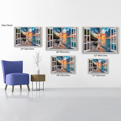 ANRUOXI Beach Window Canvas Wall Art, Enclosed Bedroom Living Room Ocean Coastal Channel Scene Picture, Tropical Sea Landscape Painting Print Artwork Horizontal Seascape Artwork for Bedroom 18x24 Inch
